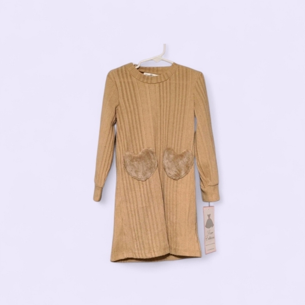Rare Editions Tan Long Sleeve Sweater Dress with Heart Pockets NWT Size 5 RV $58
